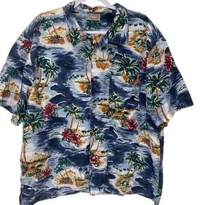 Vintage Natural Issue‎ Mens XXL Hawaiian Aloha Shirt Blue Island Pattern Cabana
